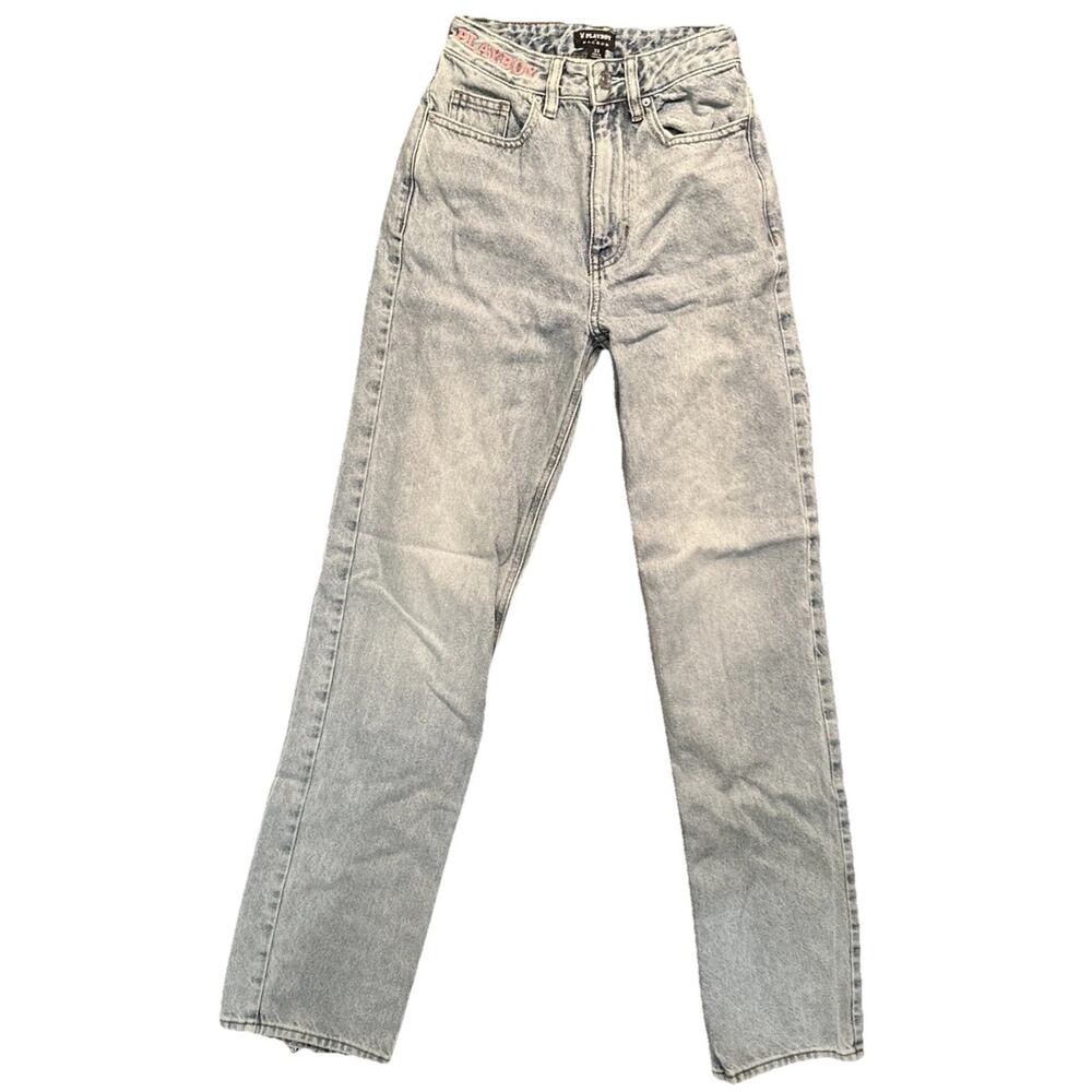Playboy By PacSun Light Wash Denim Jeans Pink Bunny Logo Distressed Size 23